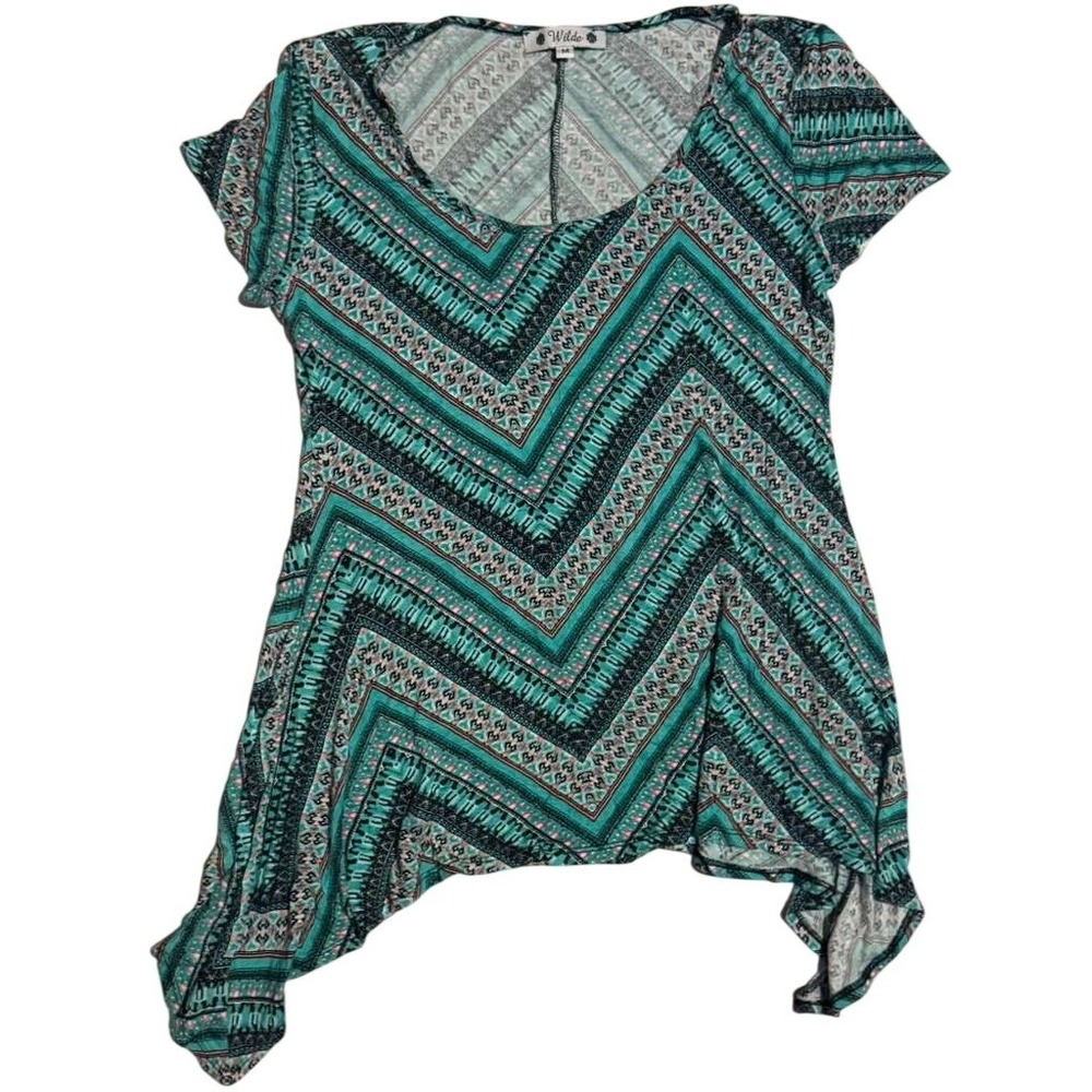 Wilde Womens Teal Pink Chevron Sharkbite Hem Tunic Top Boho Geometric Medium